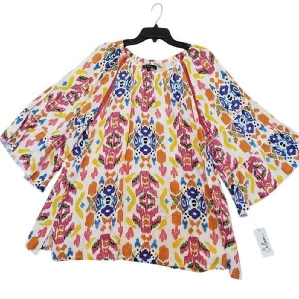 Calessa Tunic Womens 2X Pink Multi Ikat Print Bell Sleeve Boho Peasant Plus Size